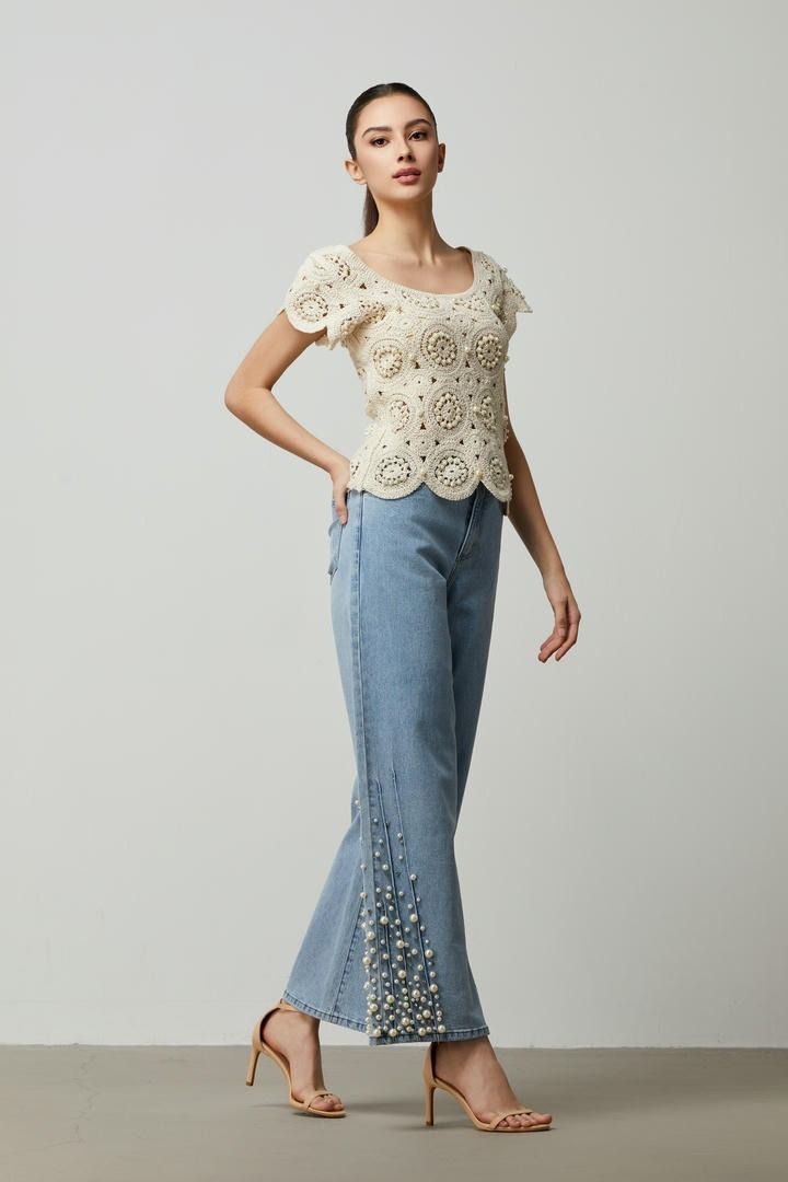 pearl details denim jeans