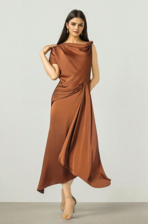 Mocha Satin Midi Dress