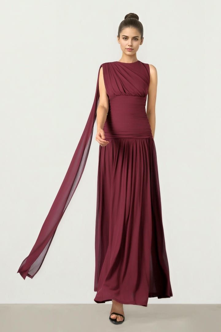 Burgundy Maxi Dress With Scarf